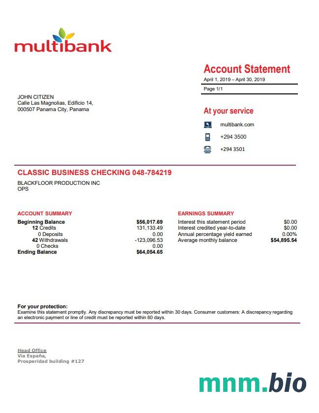 Szablon wyciągu bankowego Panama Banistmo w programie Word i PDF